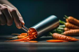 un persona es corte zanahorias con un cuchillo. generado por ai foto