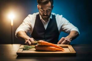 a man is cutting up a carrot on a cutting board. AI-Generated photo