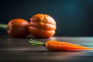 two carrots and a carrot on a table. AI-Generated photo