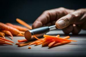 un persona es corte zanahorias con un cuchillo. generado por ai foto