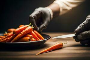 a person in gloves is cutting carrots on a plate. AI-Generated photo