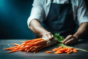 a man in an apron is cutting carrots on a table. AI-Generated photo