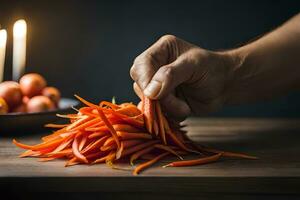 a person is holding a carrot in their hand. AI-Generated photo