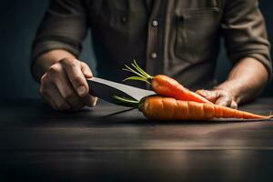 a man is cutting a carrot with a knife. AI-Generated photo