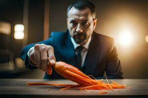 a man in a suit is holding a carrot. AI-Generated photo