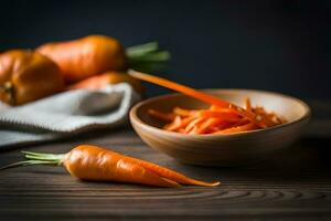 carrots in a bowl on a wooden table. AI-Generated photo