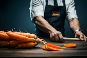 un hombre en un delantal es corte zanahorias en un mesa. generado por ai foto