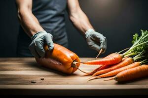 un persona vistiendo guantes es corte zanahorias. generado por ai foto