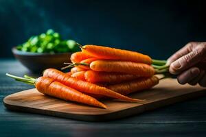 a person holding a bunch of carrots on a cutting board. AI-Generated photo