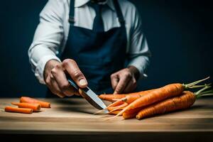 a man in an apron is cutting carrots on a table. AI-Generated photo
