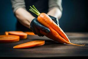 un persona vistiendo guantes es participación un zanahoria. generado por ai foto