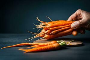 a person holding a bunch of carrots on a wooden board. AI-Generated photo