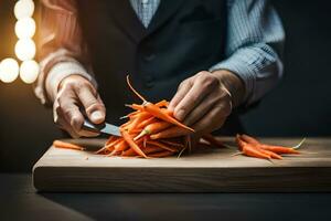 a man is cutting up carrots on a cutting board. AI-Generated photo