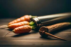 carrots and a knife on a wooden table. AI-Generated photo