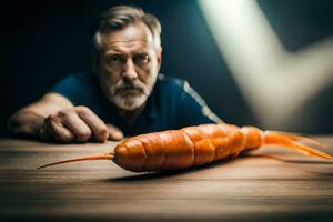 a man is looking at a carrot on a table. AI-Generated photo