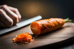 a person cutting a carrot with a knife. AI-Generated photo