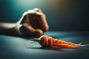 a person is holding a carrot with their hand. AI-Generated photo