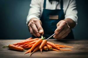 a man in an apron cutting carrots on a table. AI-Generated photo
