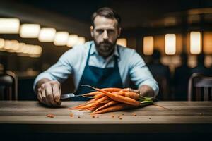 a man with a beard and apron holding a knife and carrots. AI-Generated photo