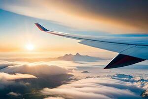 an airplane wing flying over clouds and mountains. AI-Generated photo