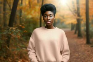 Young African woman posing in autumn park. Generate ai photo