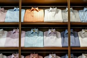 Classic mens shirts on shelf. Generate Ai photo