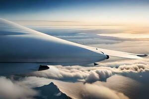 an airplane wing is flying over the clouds. AI-Generated photo