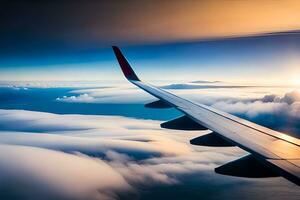 an airplane wing is seen flying above the clouds. AI-Generated photo