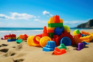 Colorful plastic sand toys on beach. Generate Ai photo