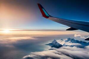 an airplane wing flying over a mountain range. AI-Generated photo