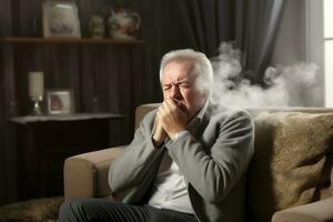 Coughing senior man sitting on sofa at home evening. Generate Ai photo