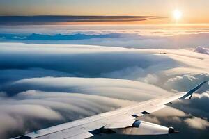 an airplane wing flying over clouds at sunset. AI-Generated photo