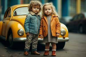 Cute children near old retro car. Generate Ai photo