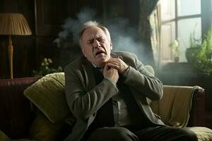 Coughing senior man sitting on sofa at morning smoke. Generate Ai photo