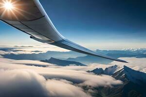 a view of the wing of an airplane flying over the mountains. AI-Generated photo