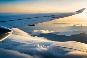 an airplane wing is flying over the clouds. AI-Generated photo