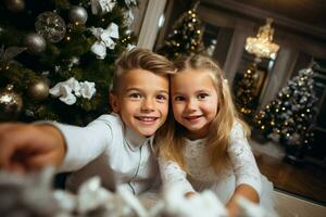 Cute children take selfie under winter trees in decoration Christmas. Generate Ai photo