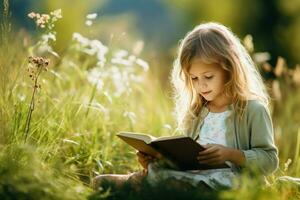 Cute girl reading book on green grass at sun light. Generate Ai photo