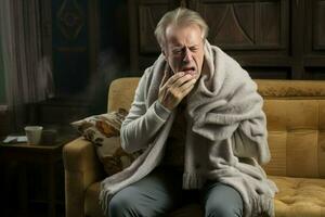 Coughing senior man sitting on sofa with warm blanket. Generate Ai photo