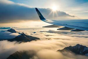 an airplane wing flying over the clouds. AI-Generated photo