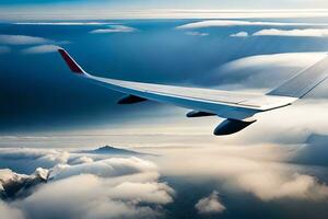 an airplane wing flying above the clouds. AI-Generated photo