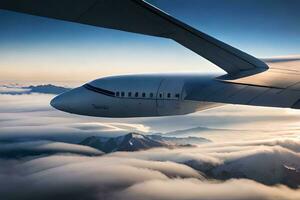 a view of the wing of an airplane flying over the clouds. AI-Generated photo