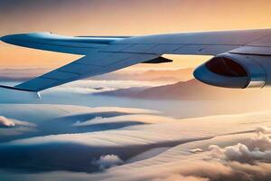 un grande avión volador terminado nubes a puesta de sol. generado por ai foto