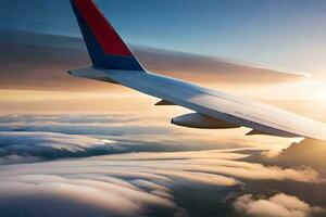 un ver de el ala de un avión volador terminado el nubes generado por ai foto