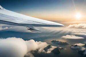 un avión ala volador terminado el Oceano y nubes generado por ai foto