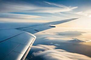 an airplane wing is flying over the clouds. AI-Generated photo