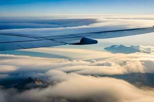 an airplane wing is seen flying over the clouds. AI-Generated photo