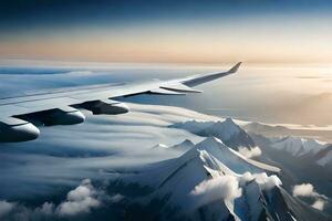 an airplane wing flying over a mountain range. AI-Generated photo