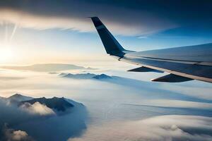 an airplane wing is flying over a mountain range. AI-Generated photo