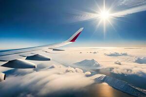 an airplane wing flying over the clouds. AI-Generated photo